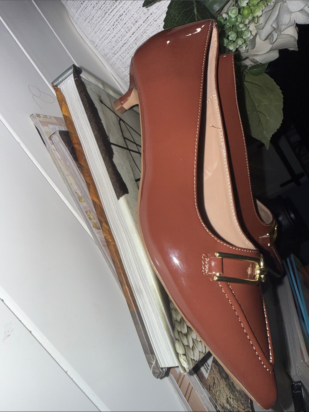 Journee Collection Rust Brown Pointed Toe Kitten Heel Loafer with Gold Buckle - Picture 5 of 8